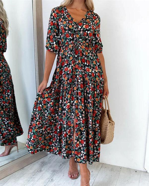 Vintage Half Sleeves Casual A-line Multiflora Maxi Dresses