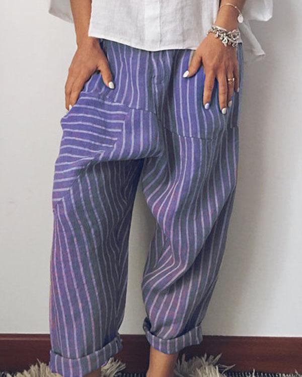 Fashion Stripe Wide Leg  Linen Pants