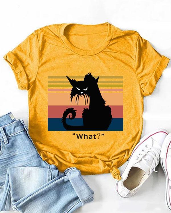 Cute Cartoon Cat Print T-shirt Short Sleeve Casual Tops