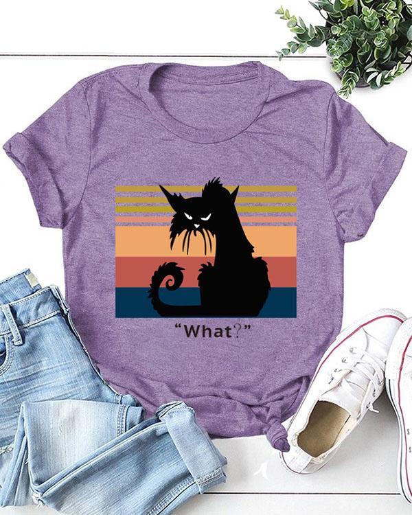 Cute Cartoon Cat Print T-shirt Short Sleeve Casual Tops