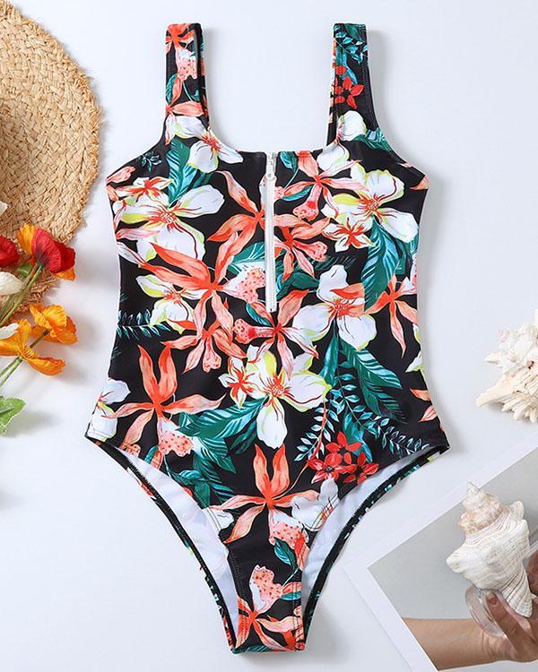 Flower Leaves Print Front Zipper One Piece Women's Swimsuit