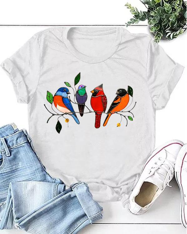 Women Print Birds Casual T-shirt
