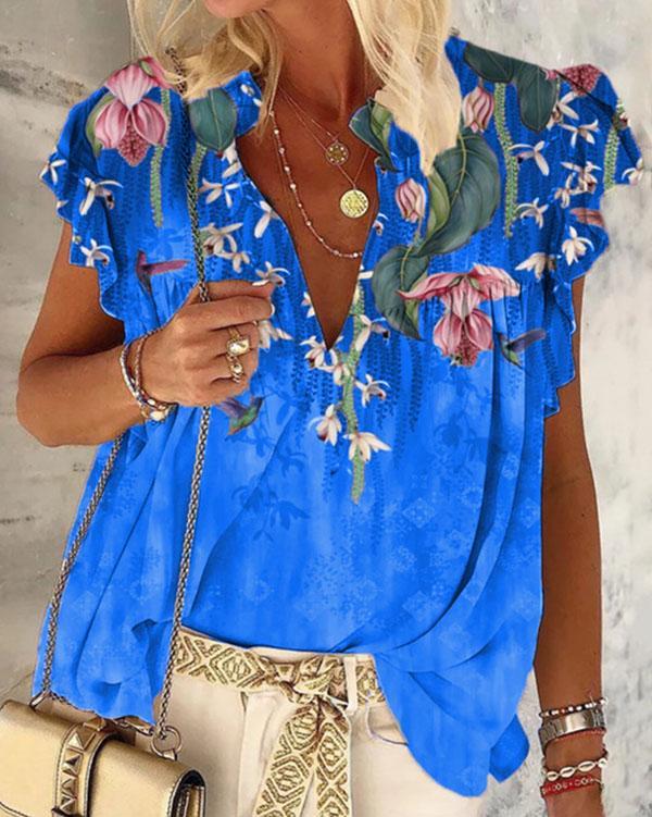 Women's Floral Print V-Neck Sleeveless T-Shirt