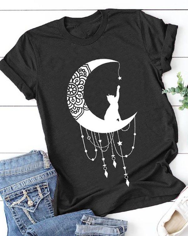 Womens Cute Moon Graphic T Shirts Summer Short Sleeve O-Neck Tops Tees