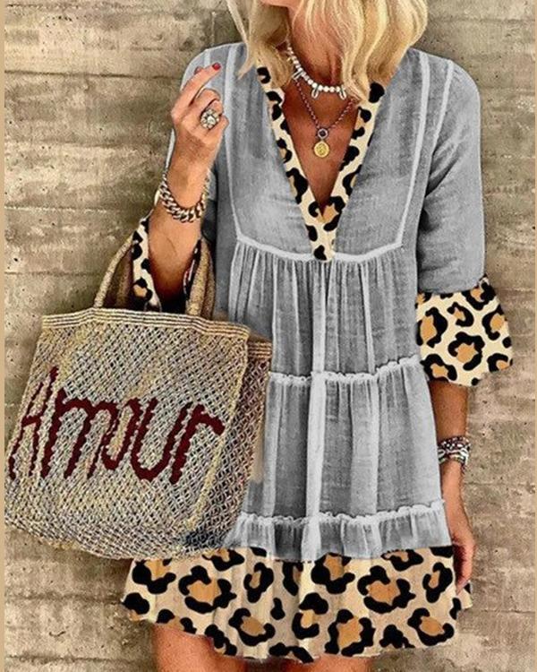 Casual Leopard Print Cotton Blend-V-neck Dresses