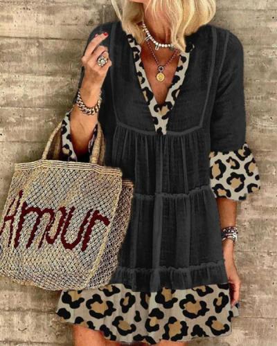 Casual Leopard Print Cotton Blend-V-neck Dresses