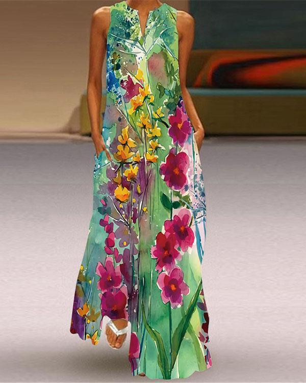 Women Sleeveless V-neck Loose Print Long Dress
