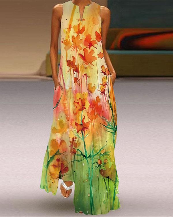Women Sleeveless V-neck Loose Print Long Dress