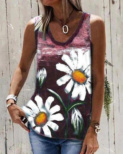 Chrysanthemum Print Round Neck Sleeveless T-shirt Summer Casual Loose Tank Top