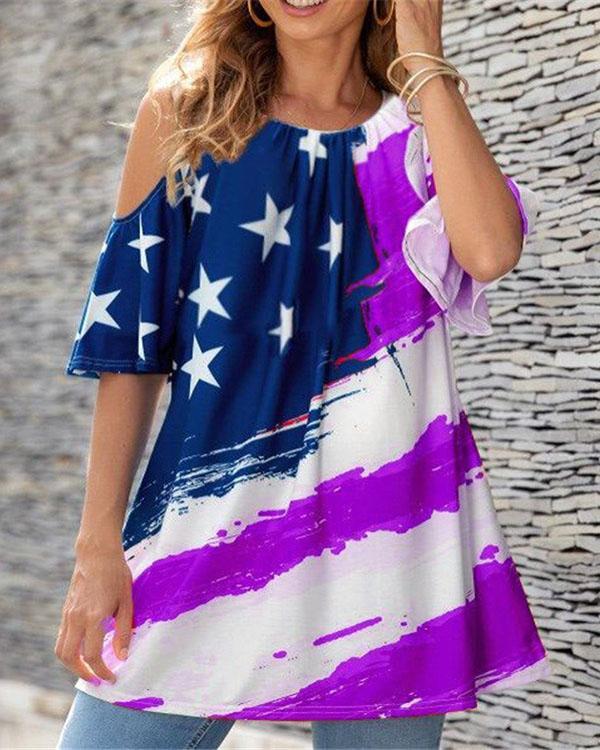 American Flag Printed Cold Shoulder Round Collar Shirts