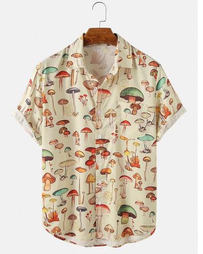 Mens Colorful Element Mushroom Pattern Print Loose Light Short Sleeve Shirts