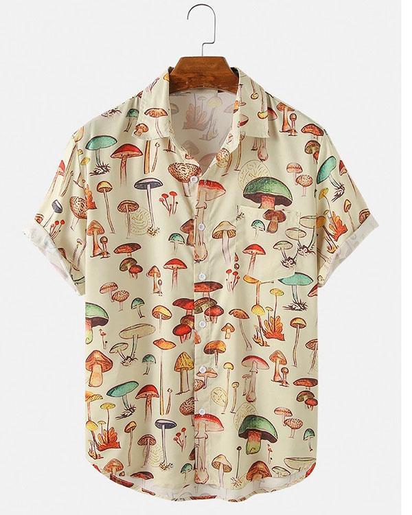 Mens Colorful Element Mushroom Pattern Print Loose Light Short Sleeve Shirts