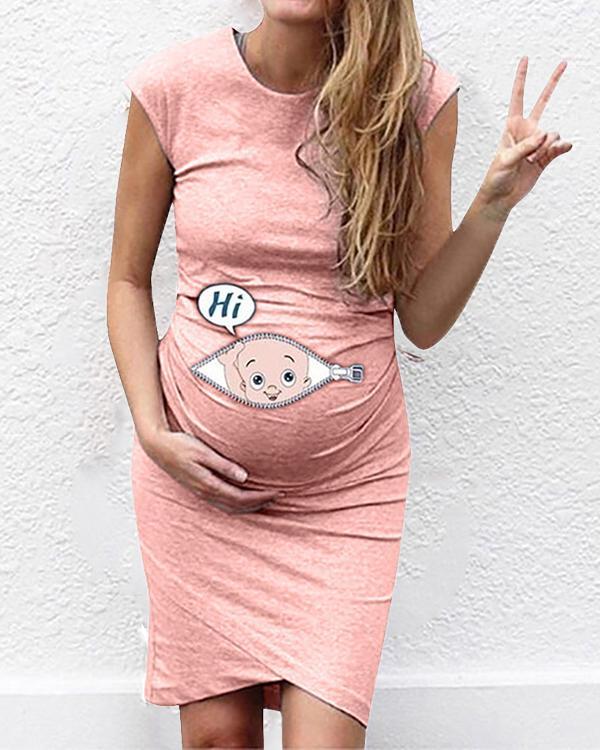 Cartoon Letter Print Pregnant woman Dress Women sleeveless Pregnancy Maternity Dress