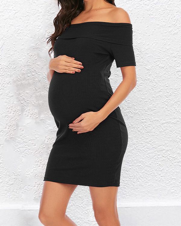 Pregnant Women Maternity Off Shoulder Solid Mini Dress