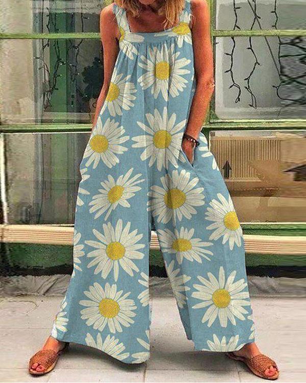 Women Colorful Multiflora Print Casual Loose Jumpsuit