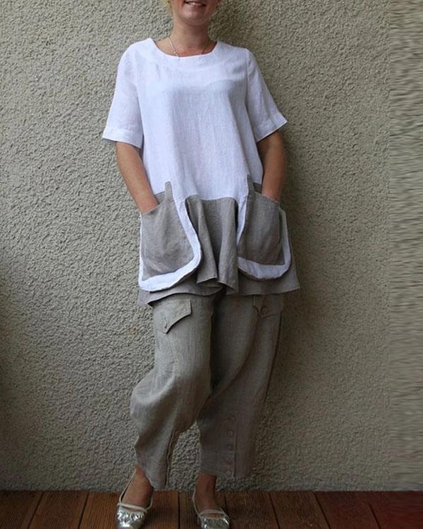 Cotton And Linen Short Sleeve Big Pocket Women's Suit