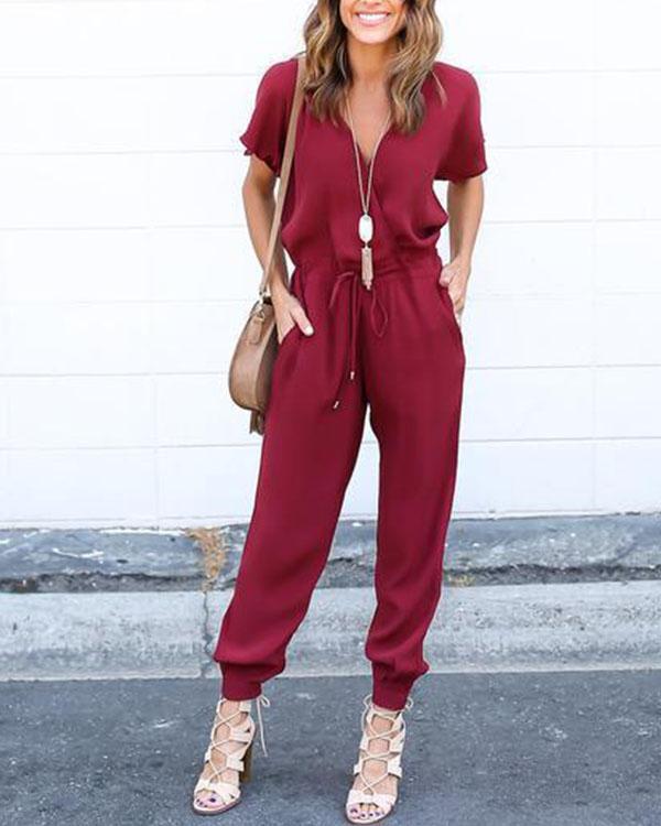 Casual Daily Solid Drawstring Waist Jumpsuit