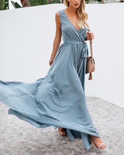 Solid Color V-neck Mid-waist Sleeveless Gown