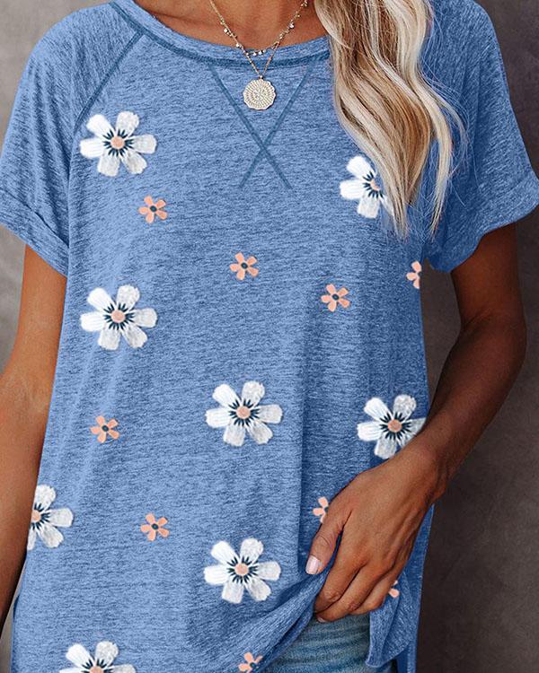 Summer 2021 Flower Printed Short-sleeved Round Neck T-shirt
