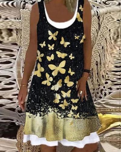 Vintage Butterflies Digital Print Sleeveless Patchwork Midi Dress