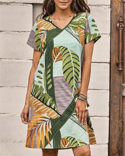 Leaf Print Loose Casual Short-sleeved Dress