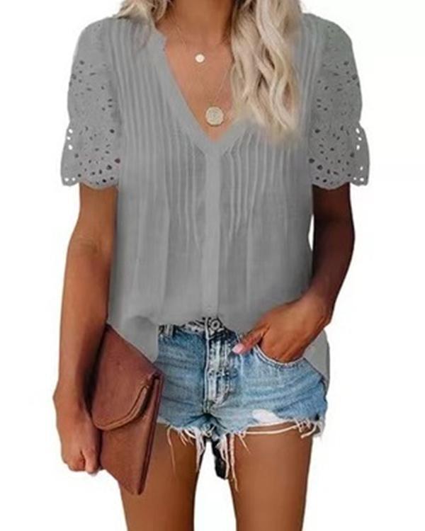 Solid V Neck Lace Crochet Eyelet Casual Shirts