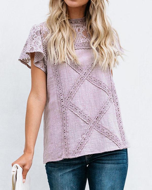 Solid Ruffle Sleeve Lace Crochet Cute Top Elegant Blouse