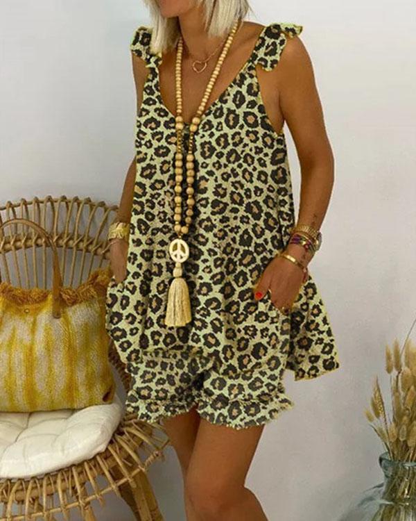 Plus Size Cotton Blend Leopard Casual Shorts Set