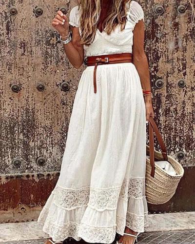 Classy Vacation V Neck Solid Color Maxi Dresses With Waistband