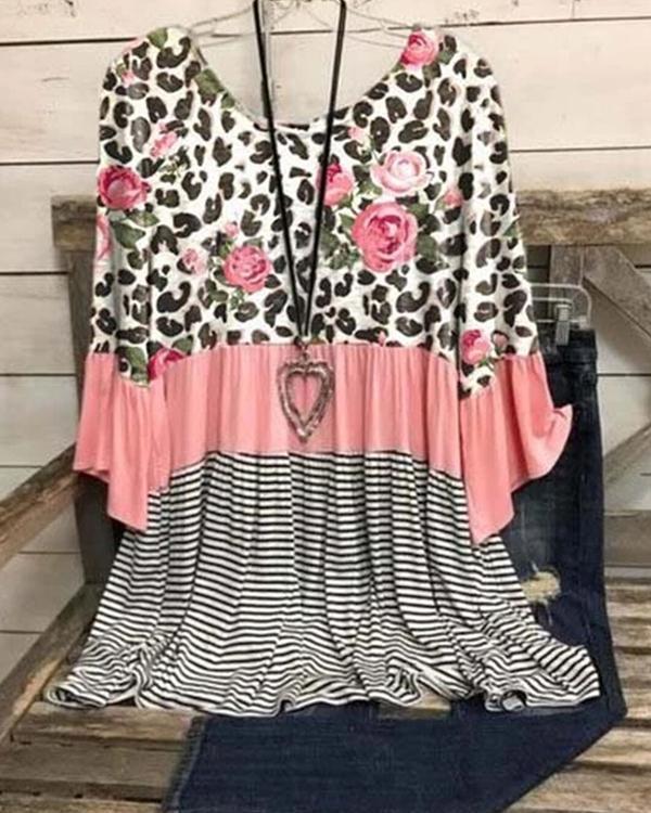 Floral Striped Leopard 3/4 Sleeve Round Neck Tunic Blouse