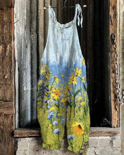 Women Lace Up Strap Rape Flower Field Print Linen Jumpsuits