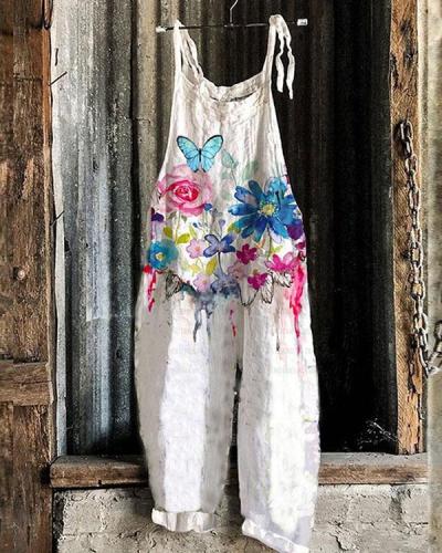 Fashion Watercolor Floral Women Casual Linen Jumpsuits