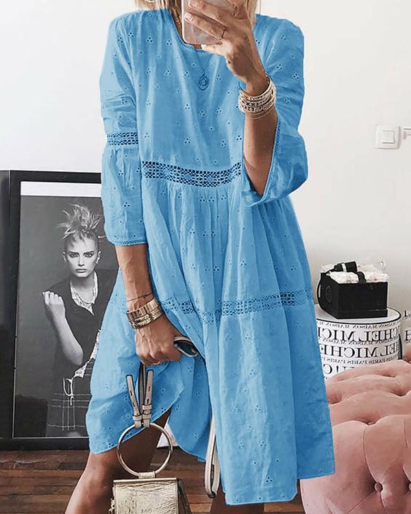Boho Solid Crew Neck Hollow Out Splice Dress