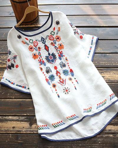 Round Neck Linen Embroidered Top