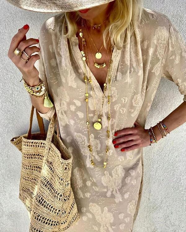 Casual Deep V Neck Loose Lace Midi Dress without Necklace