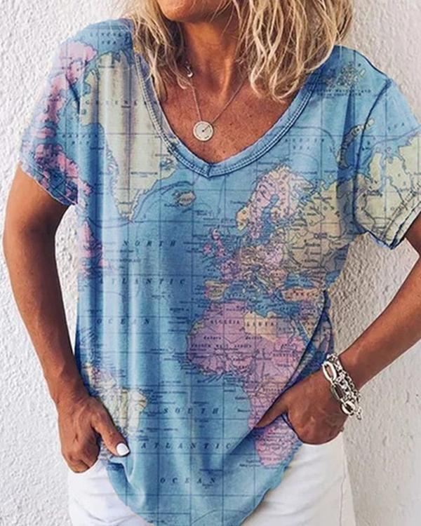 Women's Summer Printed Cotton V Neck Casual T-Shirts