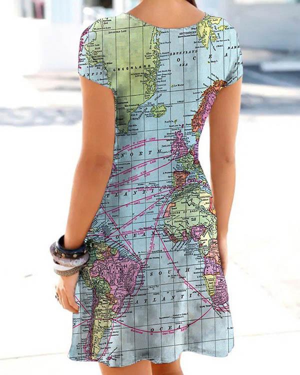 Women Hollow Out Map Print Dress