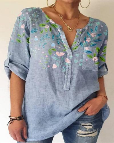 Women's Summer Printed Cotton V Neck Shirt&Blouse