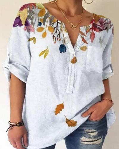 Women's Summer Leaves Printed Cotton Shirt&Blouse with Pocket