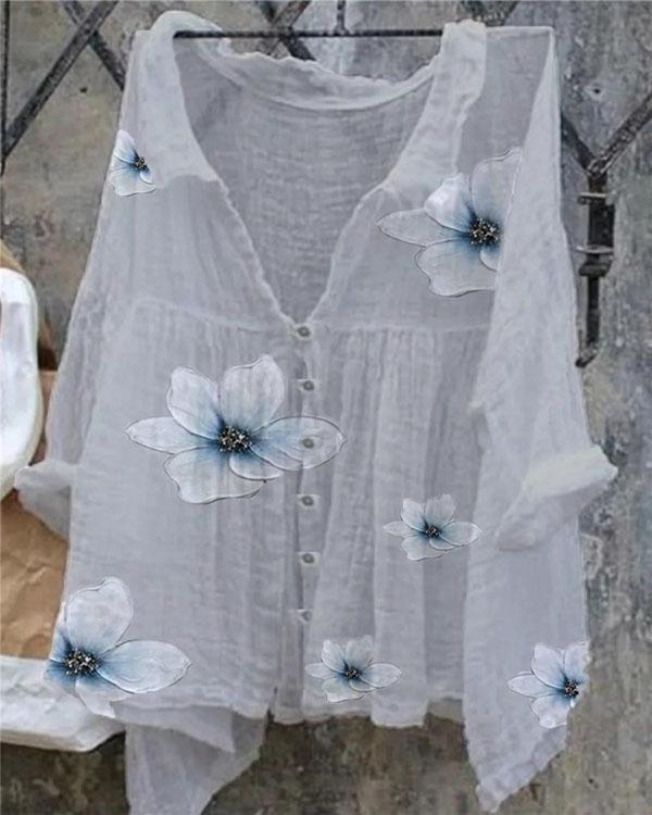 Women's Casual Oversize Floral Line Cotton Shirt&Blouse