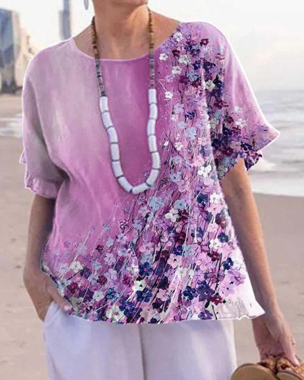 Purple Flower Print Round Neck Shirt&Blouse