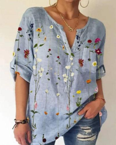 Women's Summer Floral Cotton Shirt&Blouse with Pocket