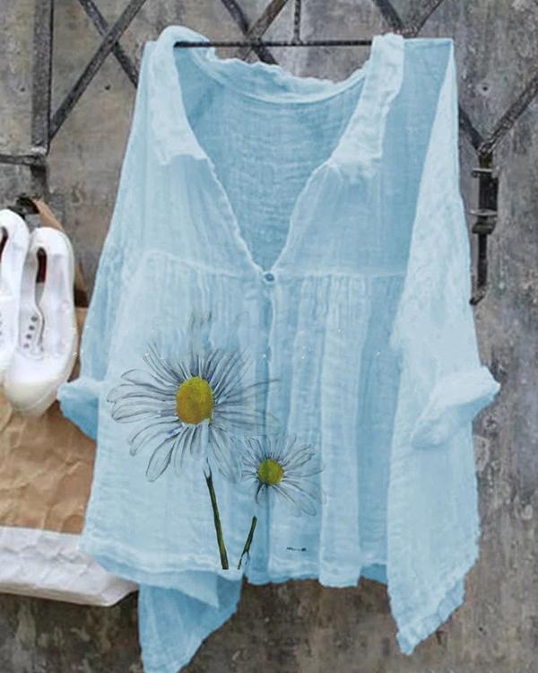 Women's Casual Loose Fit Floral Linen Cotton Shirt&Blouse