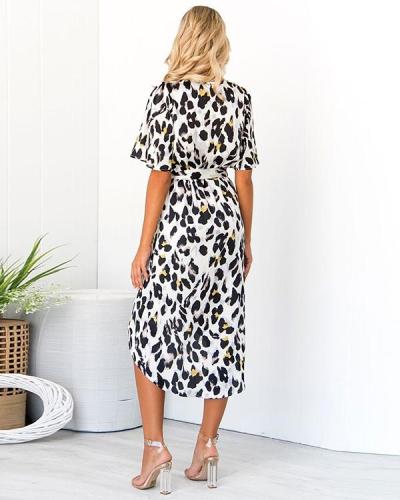High Low Hem Leopard Animal Print Belted Elegant Midi Wrap Dress