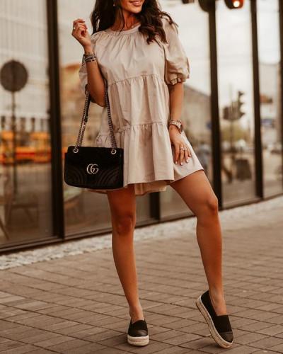 Solid Color Round Neck Puff Sleeve Dress