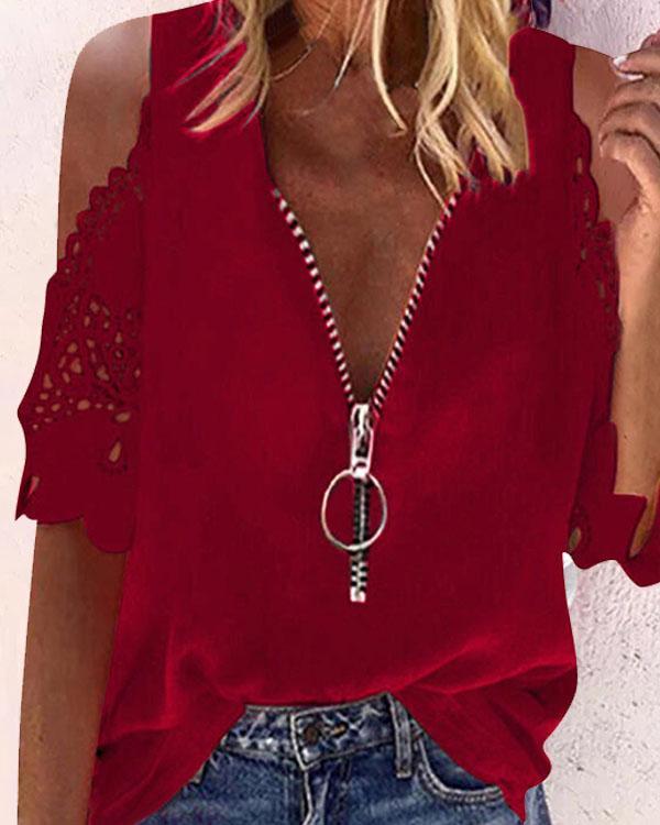 Lace Off Shoulder Pure Color Half Sleeves Casual Blouses
