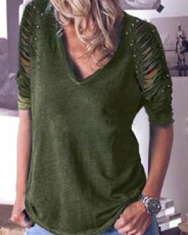 Hollow out Sleeve Casual Long Sleeves Dot Studded T-shirt