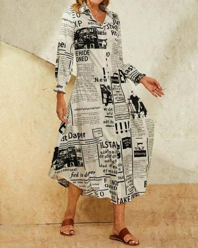 Leaves Print Lapel Button Long Sleeve Maxi Shirt Dress
