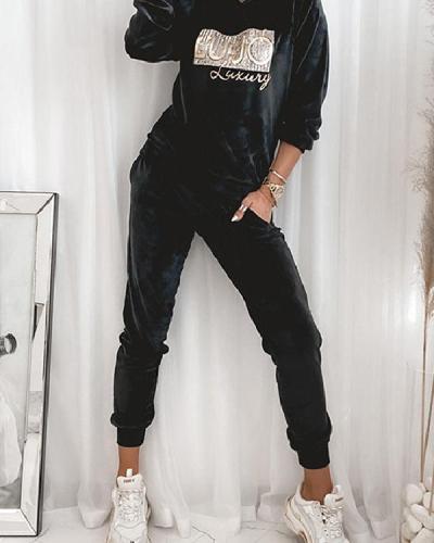 Women Chic Comfy Velvet Embroidery Top&Sweatpants Suit