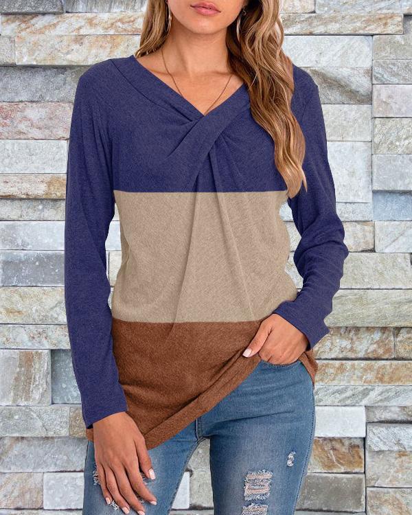 V-neck Long-sleeved Stitching Pullover Bottoming Shirt